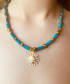 Doğal taşlarla dizili güneş bohem hippie altın gold kolye tasarım kolye  kararmaz