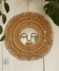 Kadın Bohem Boho Etnik Hardal Dekoratif Ayna Duvar Dekorasyonu, Makrome Mandala Süsü - bohemshop.com