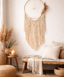 El Yapımı Büyük Boy Makromeli Düş Kapanı Duvar Dekoru - Kuru Çiçek Detaylı 