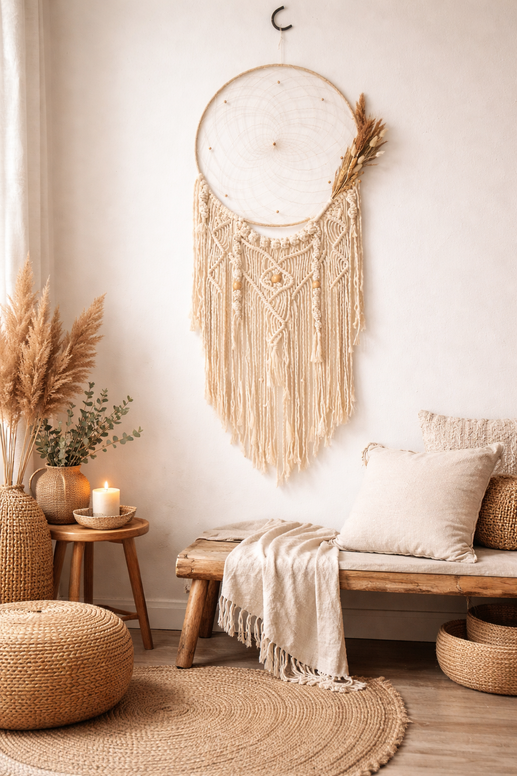 El Yapımı Büyük Boy Makromeli Düş Kapanı Duvar Dekoru - Kuru Çiçek Detaylı