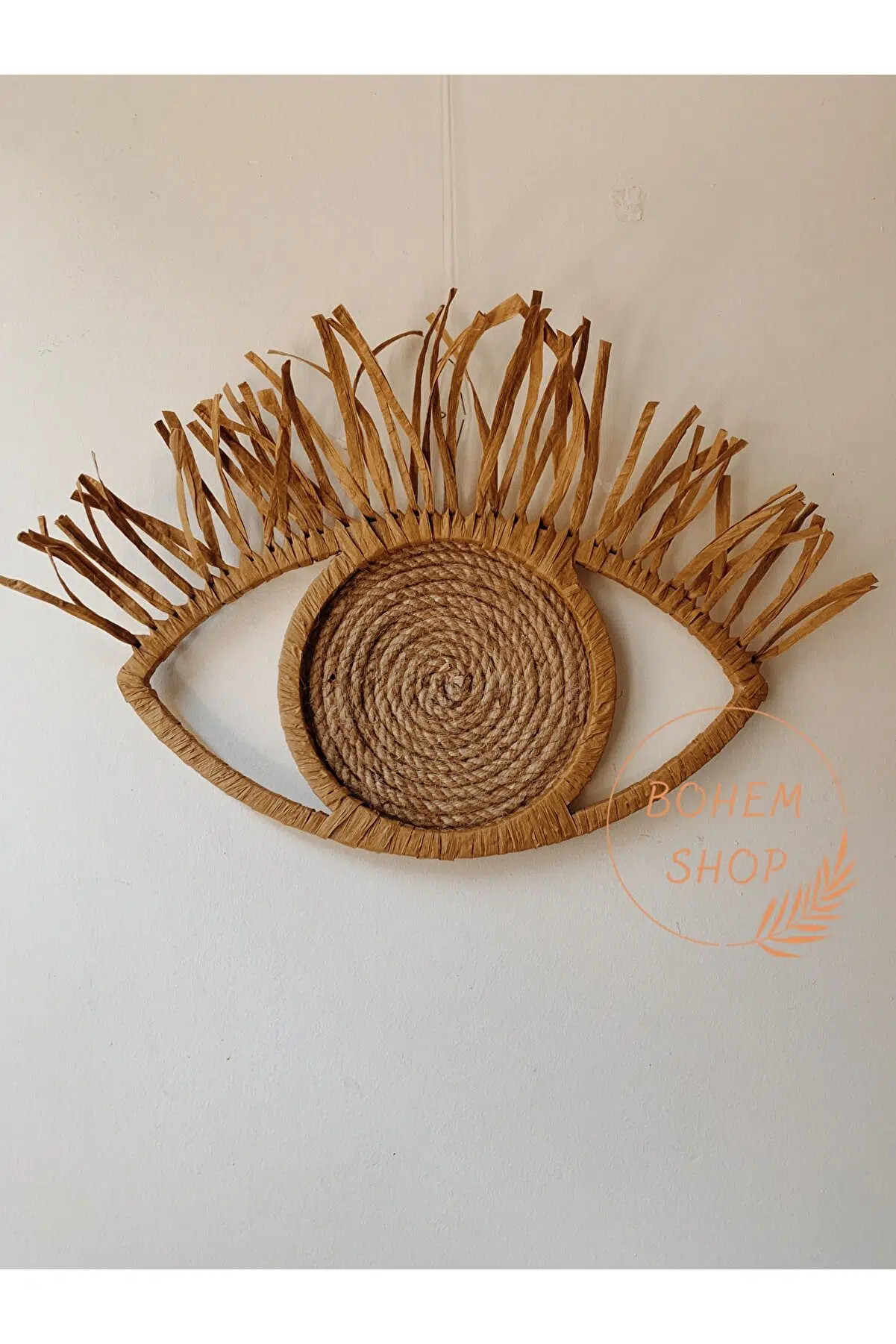 El Yapımı Göz Temalı Dekoratif Ayna Rafya Duvar Dekoru Süsü Seti-bohemshop.com - Görsel 2