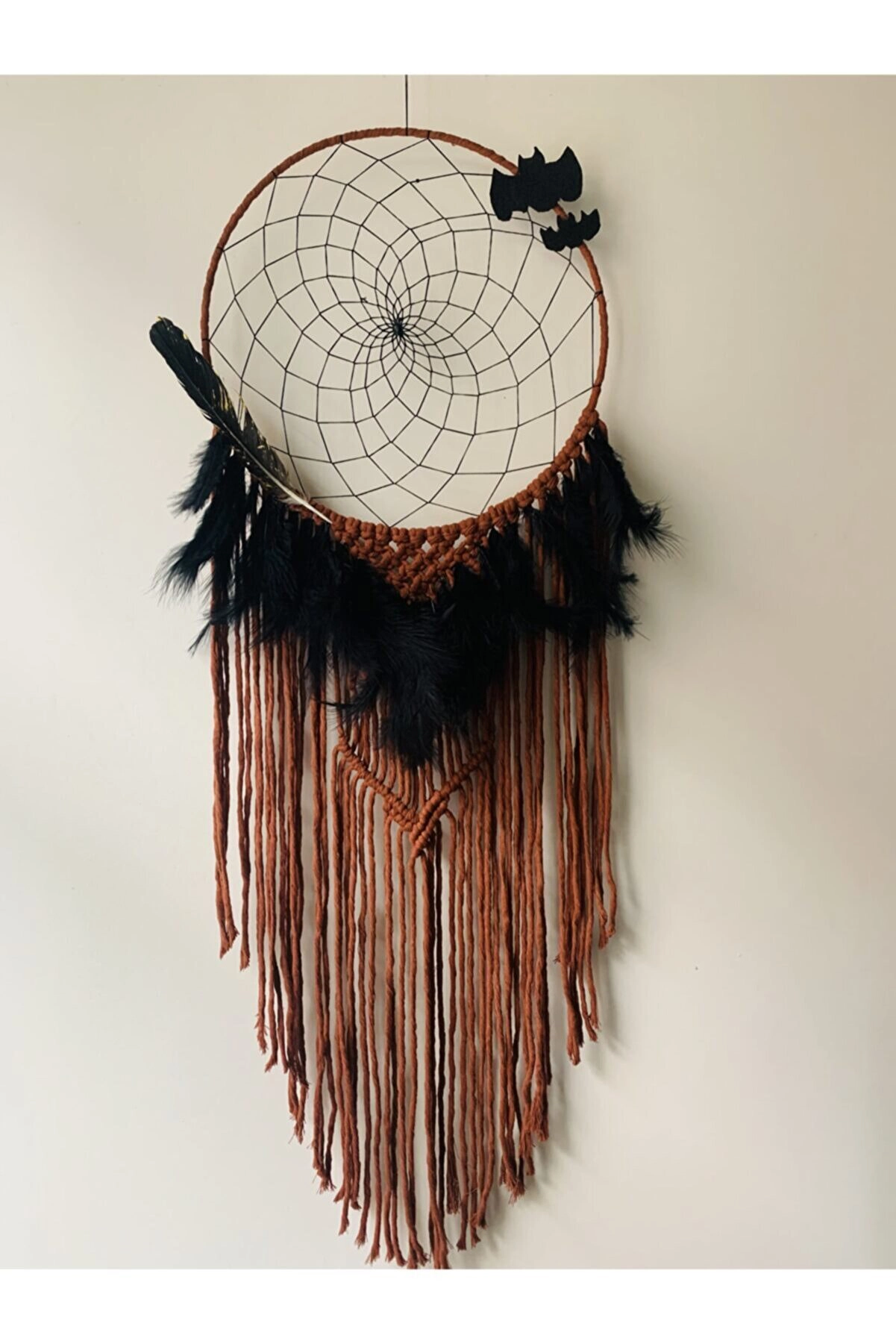 El Yapımı Hallowen Temalı Siyah Tüylü Gotik Makrome Düş Kapanı Rüya Kapanı /cadılar Bayramı Süsü - Bohem Shop