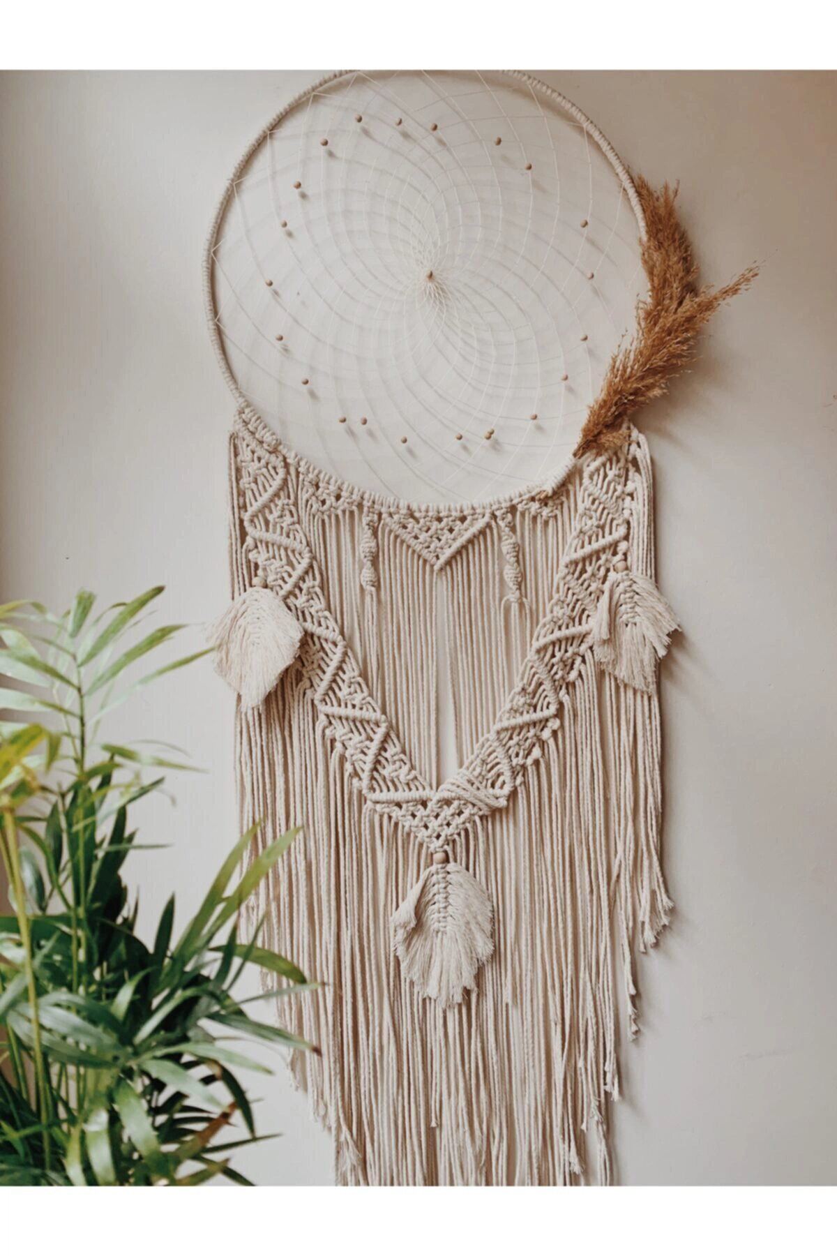 Büyük Boy El Yapımı Makrome Yaprak Detaylı Düş Kapanı Duvar Dekoru Süsü/rüya Koyucu- Bohem Shop