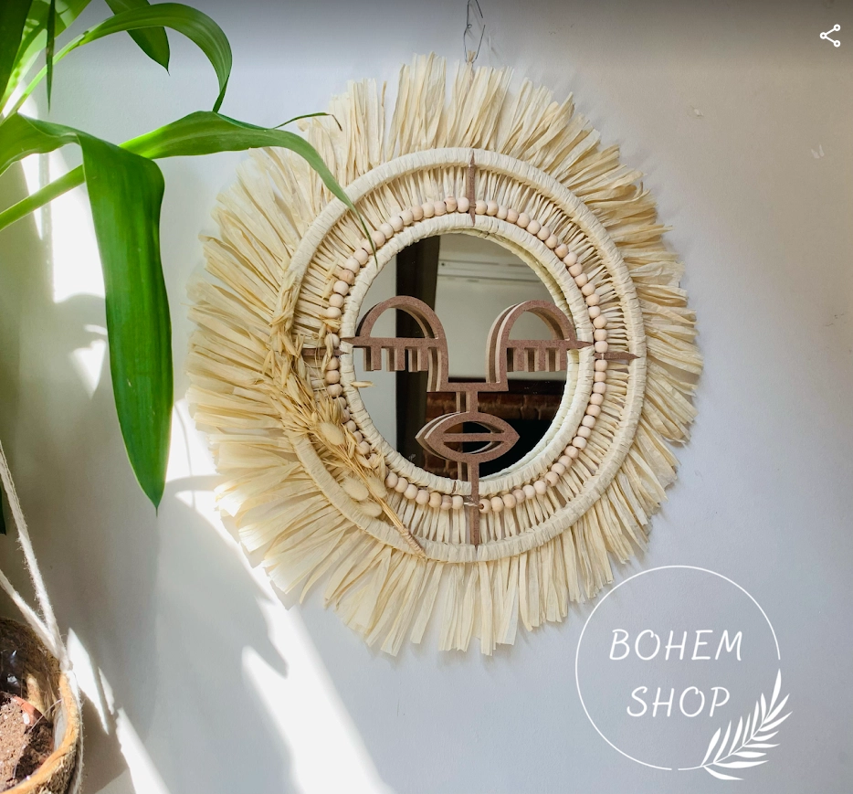 El Yapımı Afrika Kadın Figürlü/suratlı Bohem Makrome Dekoratif Ayna - Bohemshop