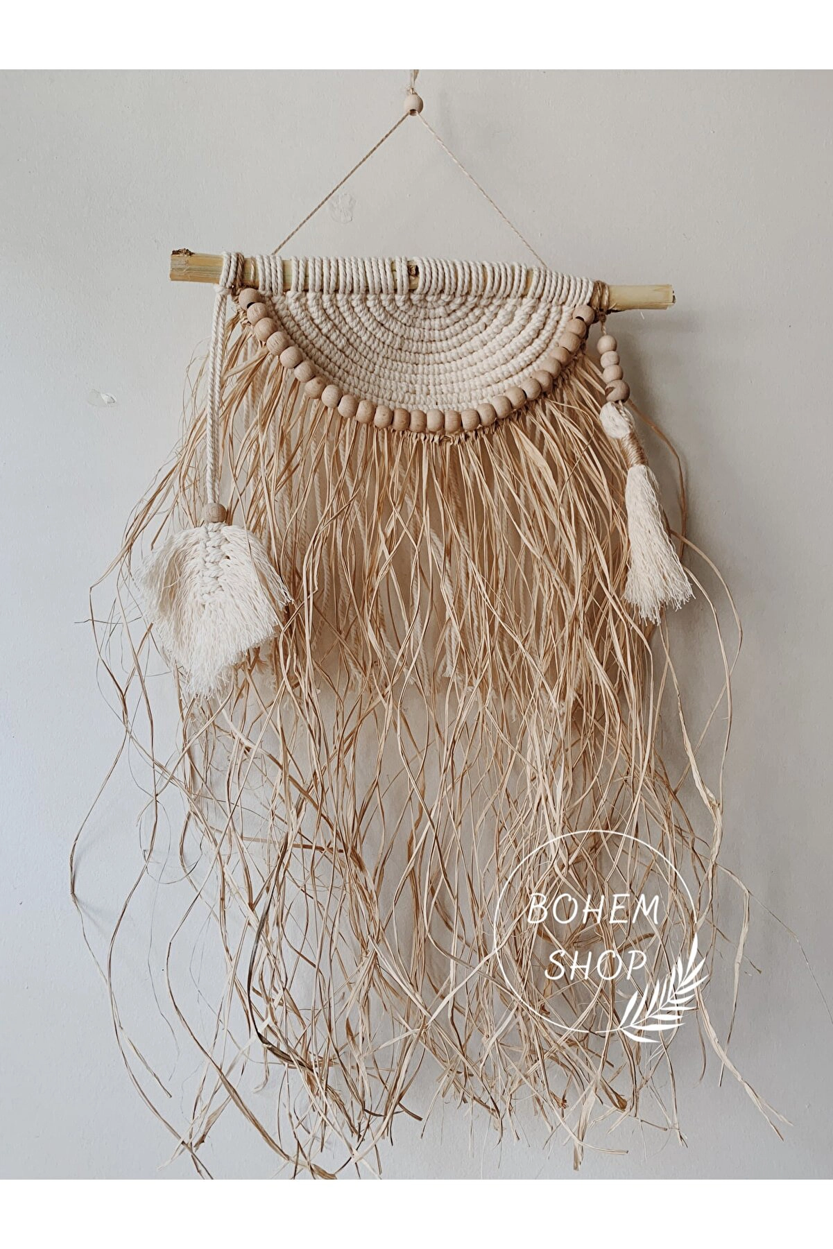 Orta Boy Makrome Rafya Yapraklı Bohem Hasır Etnik Duvar Dekoru- Bohemshop