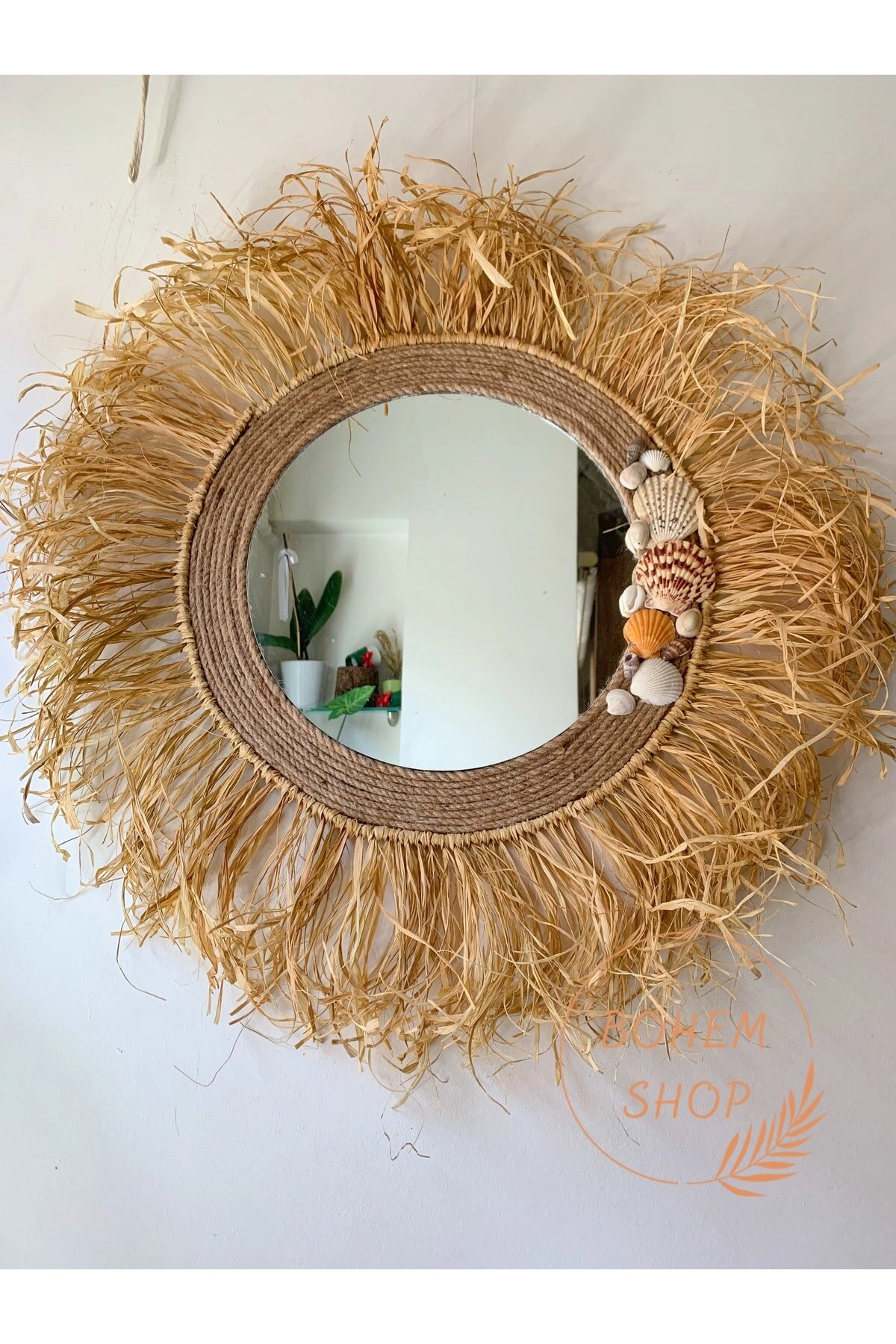 Dev, Büyük Boy Alaçatı Stili Deniz Kabuklu Hasır Bohem Rafya Ayna - Bohemshop