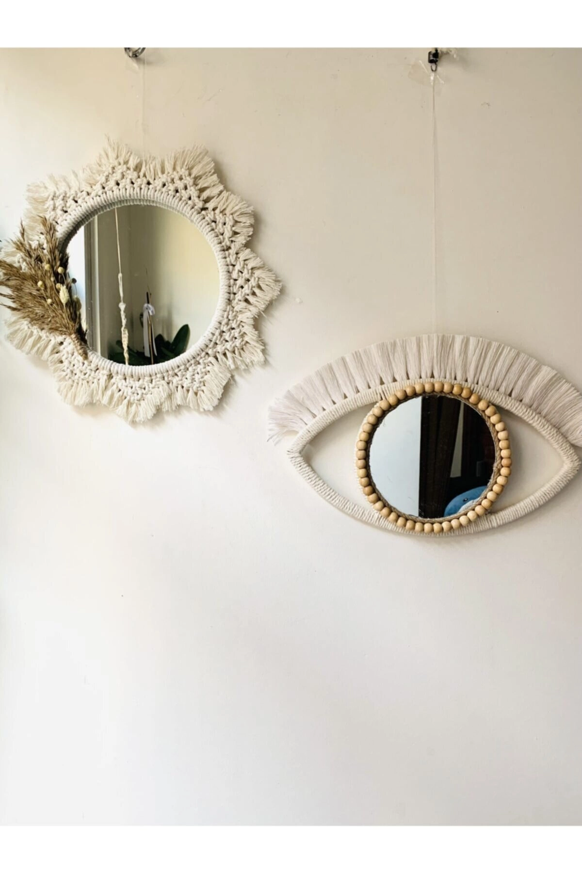 El Yapımı Makrome Dekoratif Ayna Seti/bohem Ayna Kuru Çiçek Detaylı - Bohemshop.com