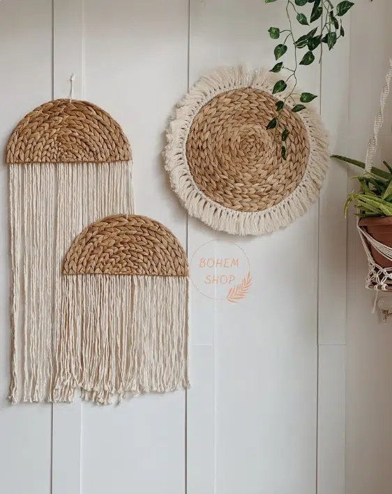 Büyük Boy El Yapımı Bohem Hasır Örgü Duvar Tabağı ve Duvar Dekoru Seti Duvar Tabağı - Boho Duvar Süsü