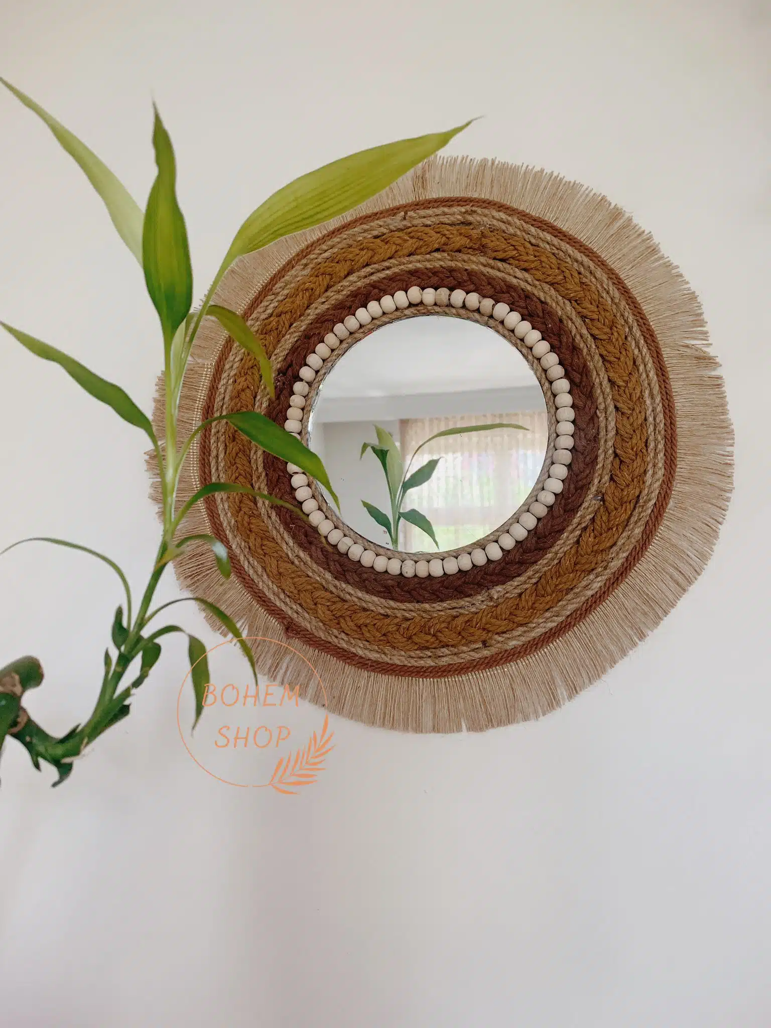 El Yapımı Bohem Dekoratif Ayna Hasır Saçaklı Püsküllü Makrome Kahve Etnik Duvar Dekoru - Bohem Shop Yazlık Dekorasyon - Görsel 2