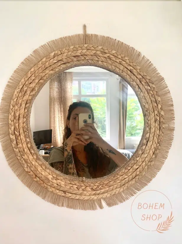 El Yapımı Dekoratif Hasır Örgü Saçaklı Ayna Etnik Tarz Bohem Ayna - Bohem Duvar Aynaları - Yazlık Dekorasyon