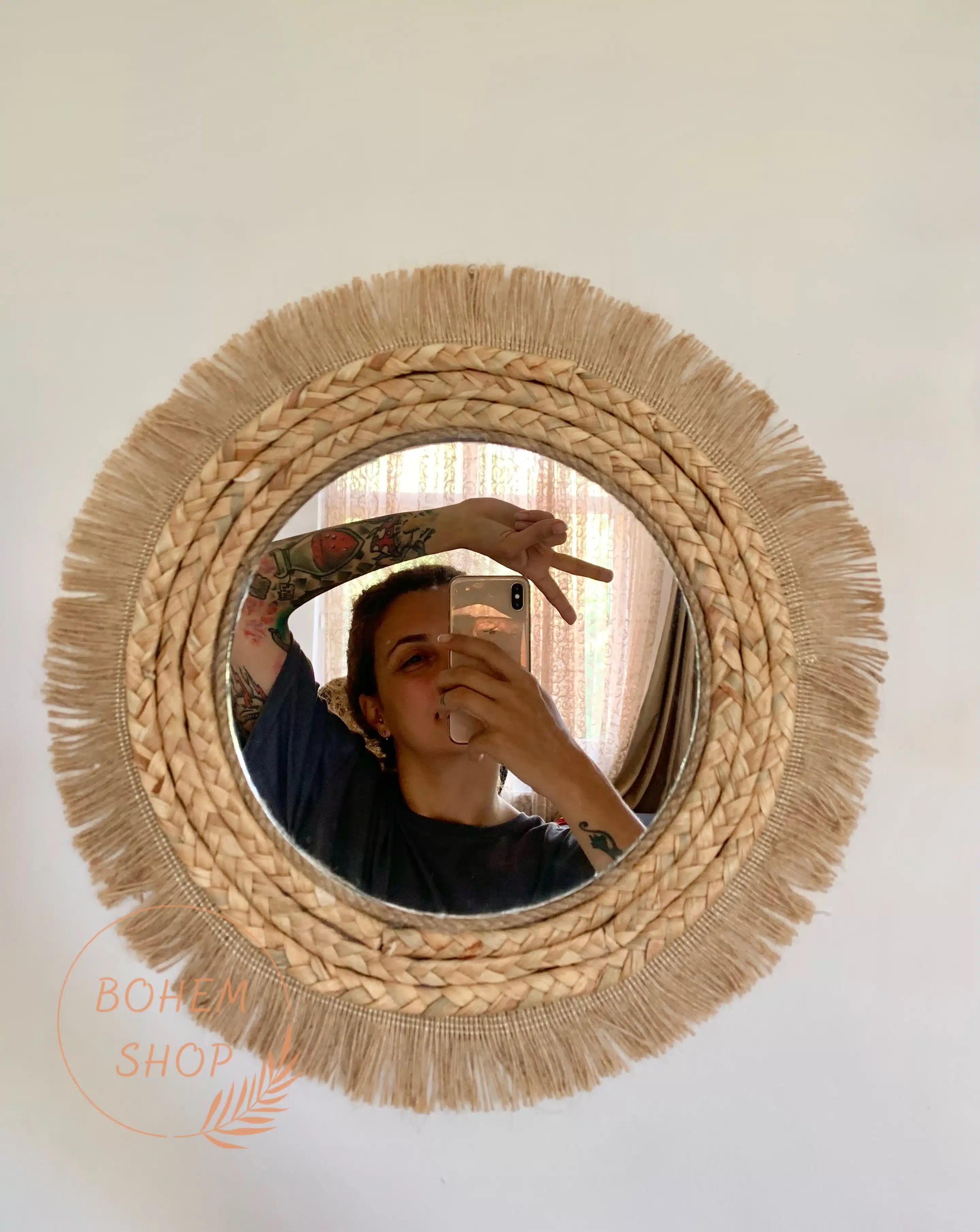 El Yapımı Hasır Örgü Bohem Dekoratif Ayna Hasır Saçaklı Püsküllü Makrome Kahve Etnik Duvar Dekoru - Bohem Shop Yazlık Dekorasyon