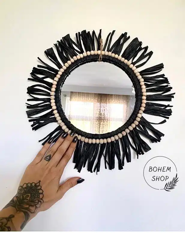 Siyah Rafya Boncuk El Yapımı Dekoratif Bohem Ayna  Bohem Shop