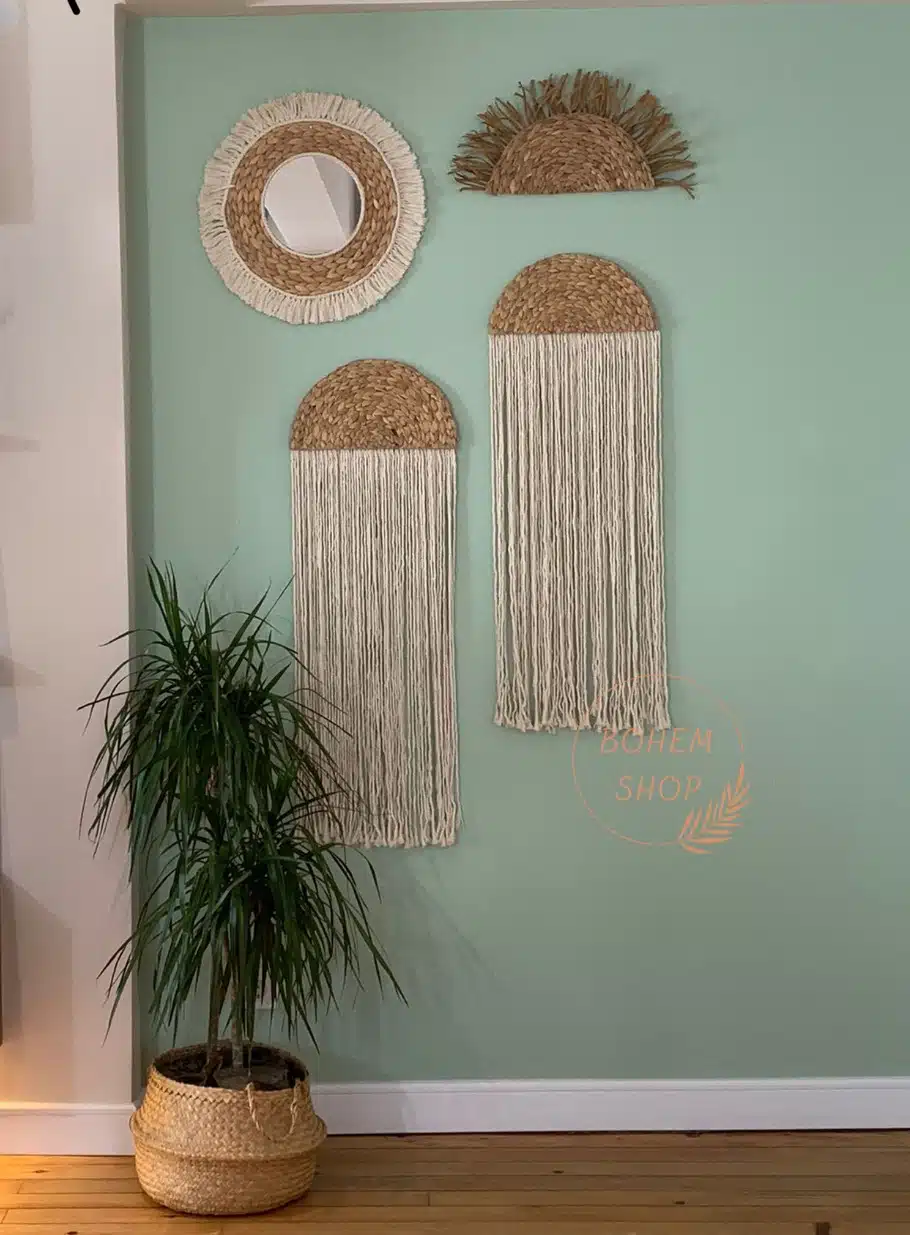 4 lü Büyük Boy El Yapımı Bohem Hasır Örgü Duvar Tabağı ve Duvar Dekoru Seti Duvar Tabağı - Boho Duvar Süsü
