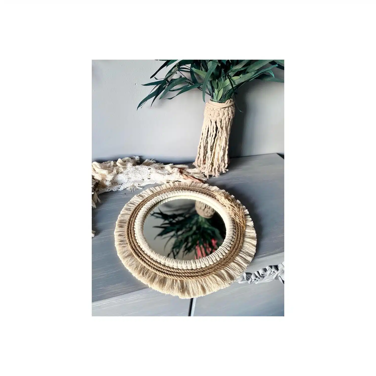 El Yapımı Hasır Bohem Dekoratif Ayna Hasır Saçaklı Püsküllü Makrome Kahve Etnik Duvar Dekoru - Bohem Shop Yazlık Dekorasyon