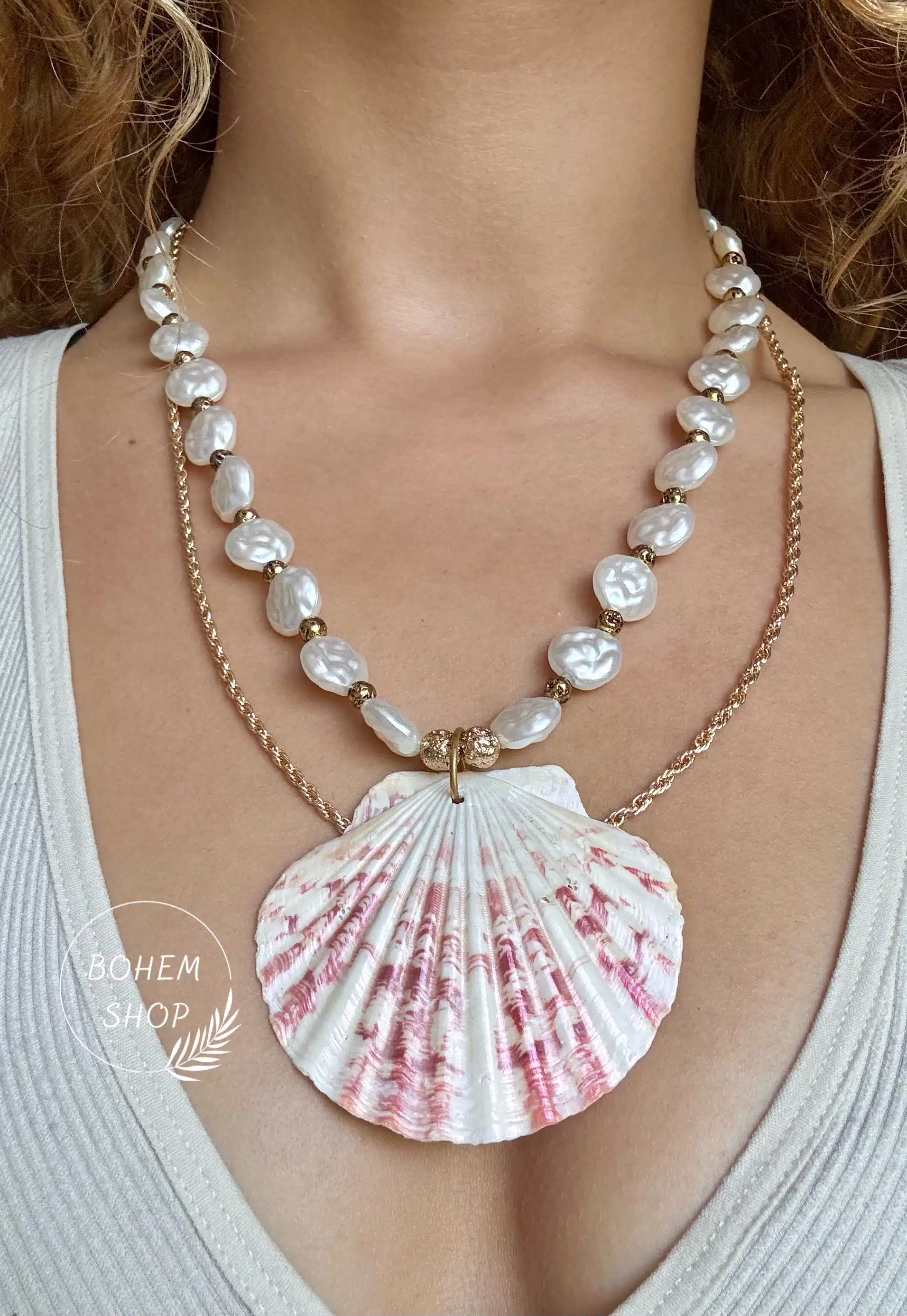 2'li El Yapımı Bohem, Boho İnci Gerçek Deniz Kabuklu Altın Gold Zincirli Kolye Minare, İstiridye, Midye, Plaj, Yazlık