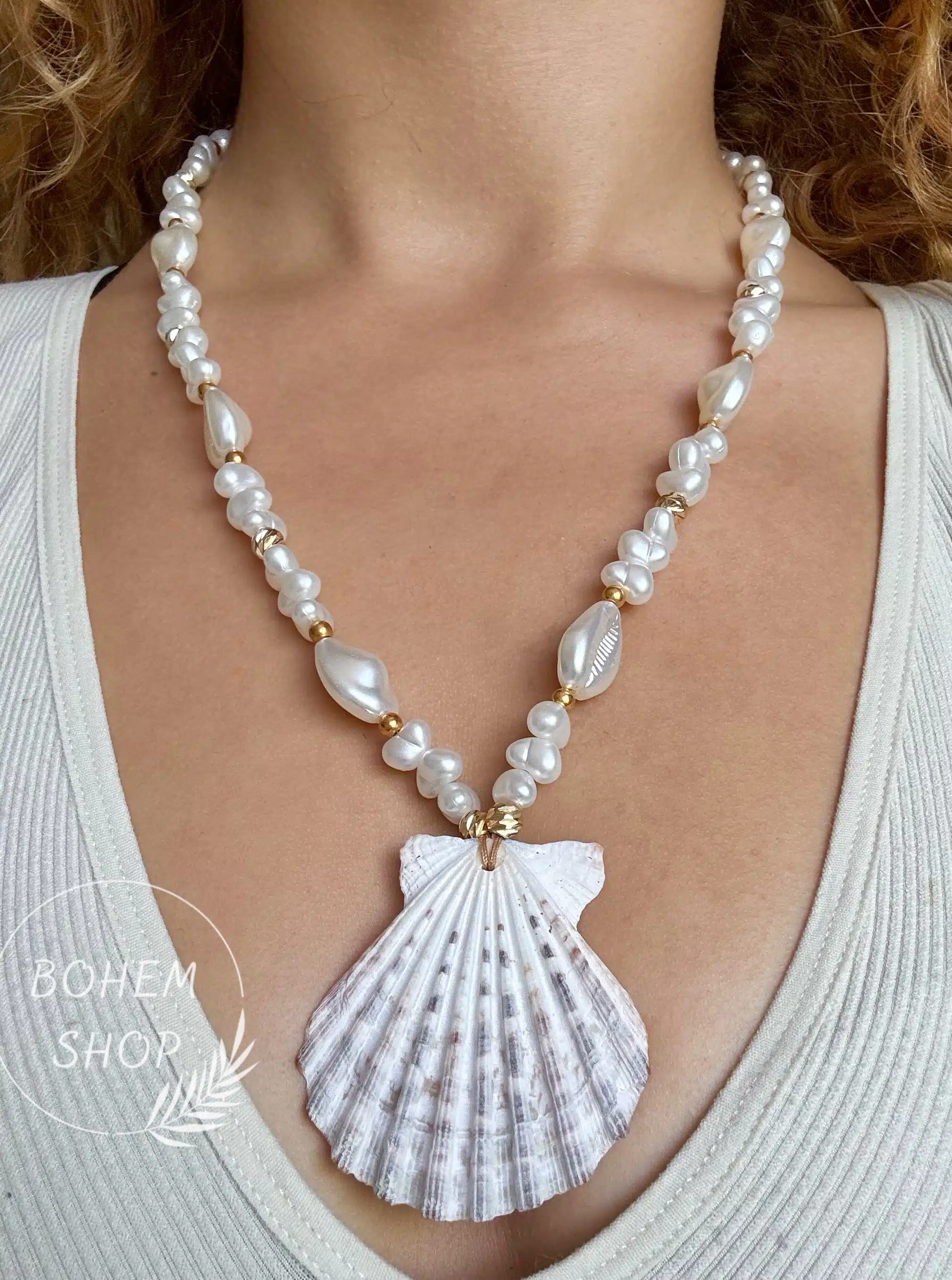 2'li El Yapımı Bohem, Boho İnci Gerçek Deniz Kabuklu Altın Gold Zincirli Kolye Minare, İstiridye, Midye, Plaj, Yazlık - Görsel 2