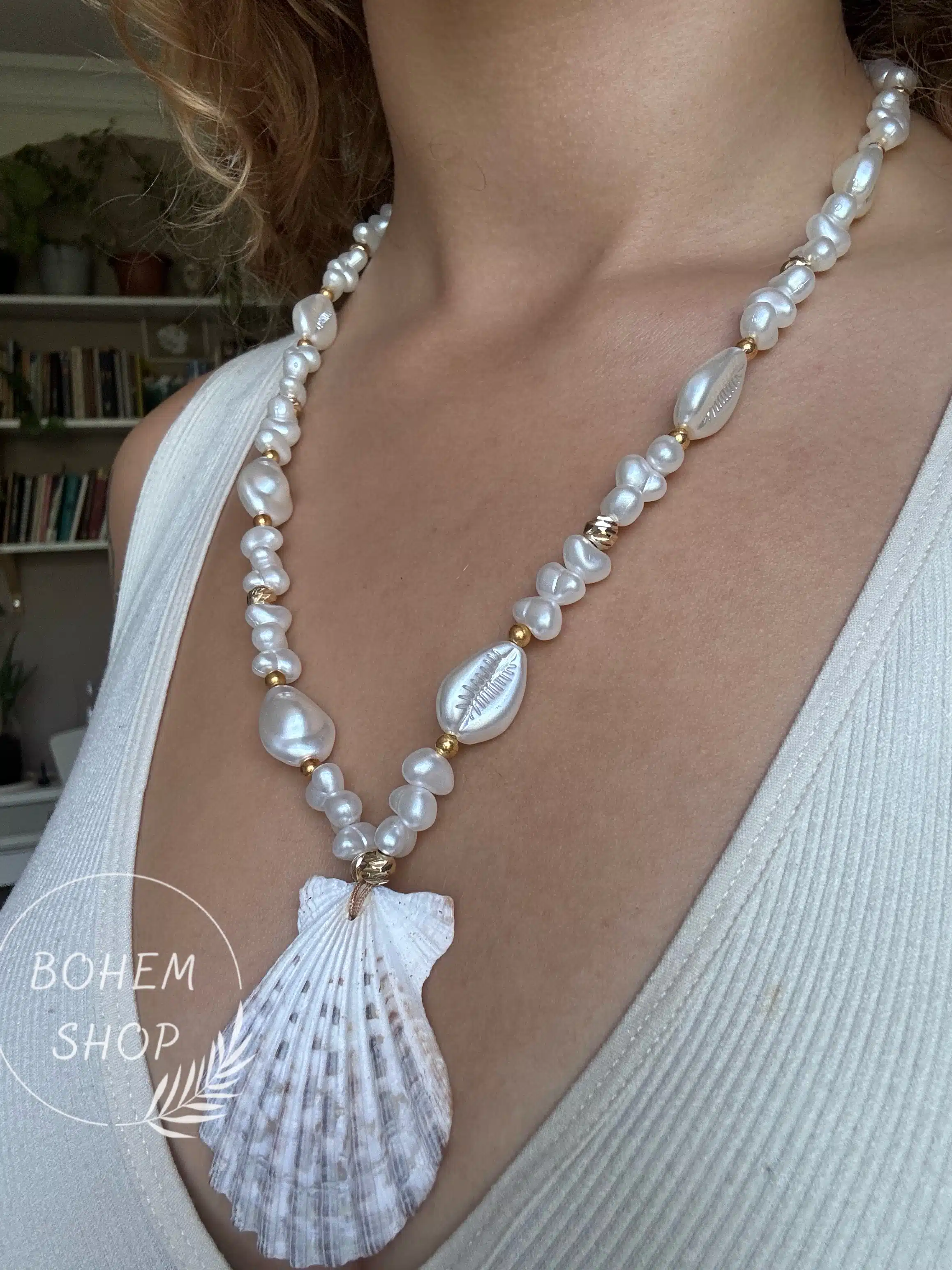 2'li El Yapımı Bohem, Boho İnci Gerçek Deniz Kabuklu Altın Gold Zincirli Kolye Minare, İstiridye, Midye, Plaj, Yazlık - Görsel 3