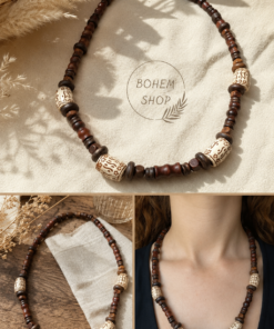 El Yapımı Bohem, Boho Boncuk Etnik Desenli Ahşap Kolye Unisex