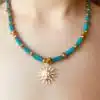 Doğal taşlarla dizili güneş bohem hippie altın gold kolye tasarım kolye  kararmaz