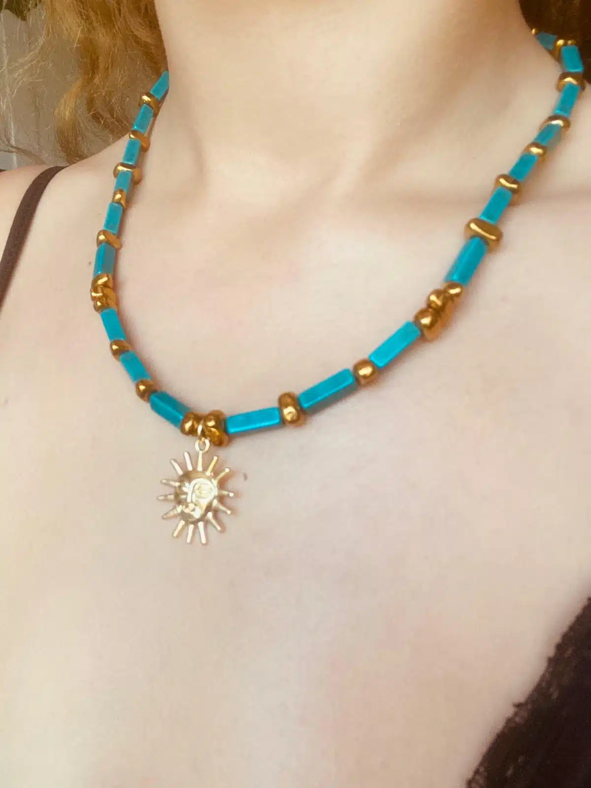 Doğal taşlarla dizili güneş bohem hippie altın gold kolye tasarım kolye  kararmaz - Görsel 3