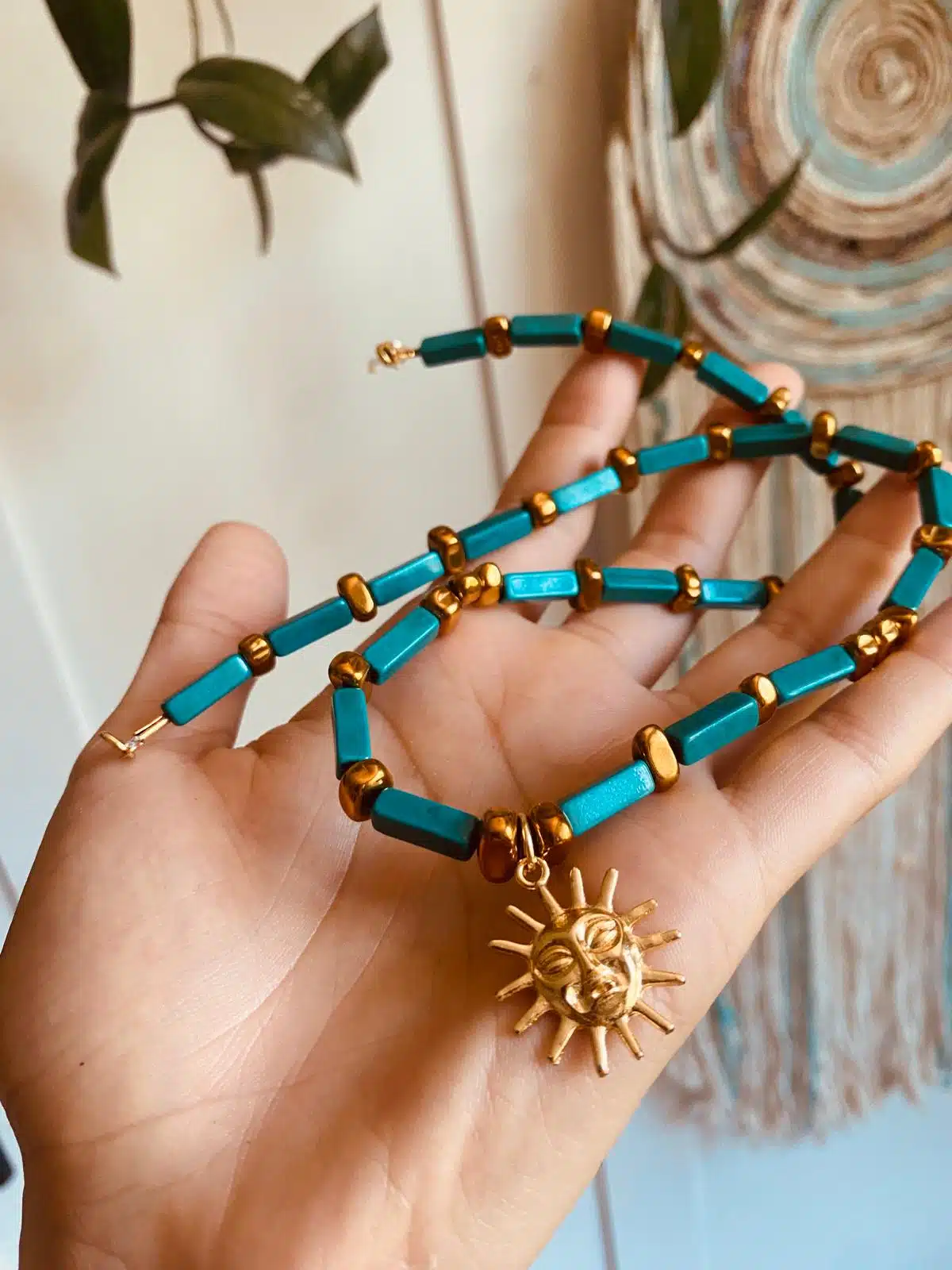 Doğal taşlarla dizili güneş bohem hippie altın gold kolye tasarım kolye  kararmaz - Görsel 2