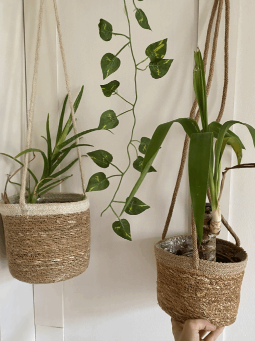 2'li hasır sepet saksı askılı bohem etnik çiceklik jüt makrome ip askılık etnik 17x17x16, 16x16x12 Bohem Shop