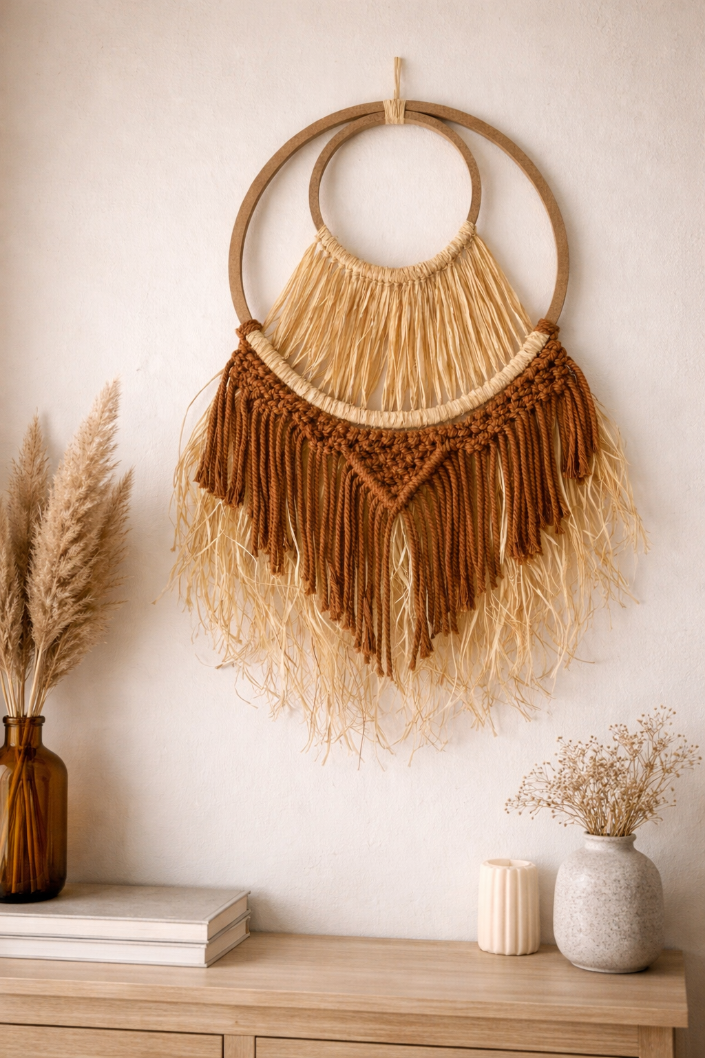 El Yapımı Bohem Saçaklı Rafya Hasır Duvar Süsü, Etnik Yazlık dekorasyon - Bohemshop.com