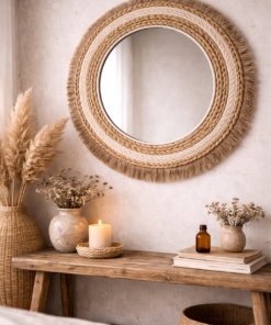 Dev Boy Dekoratif Hasır Örgü Saçaklı Ayna Etnik Tarz Bohem Ayna - Bohem Duvar Aynaları - Yazlık Dekorasyon