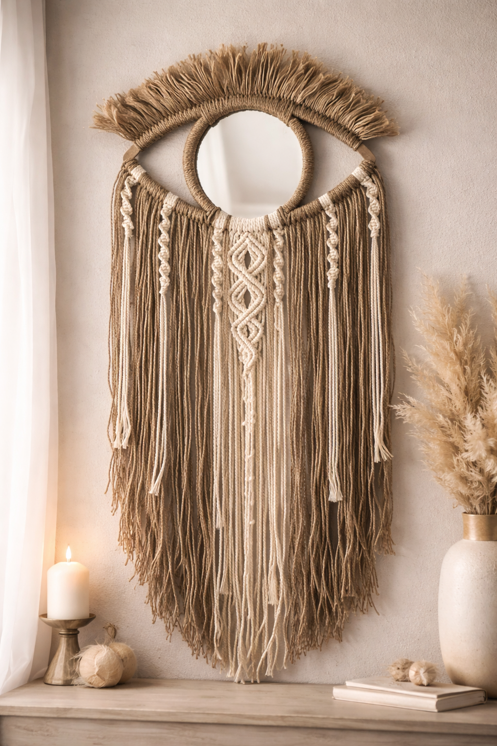 Göz Ayna Detaylı Bohem Büyük Duvar Dekoru Dekoratif Hasır Makrome ev Süs